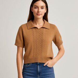 Rokoko Camel Collared Short Sleeve Knit Sweater Top